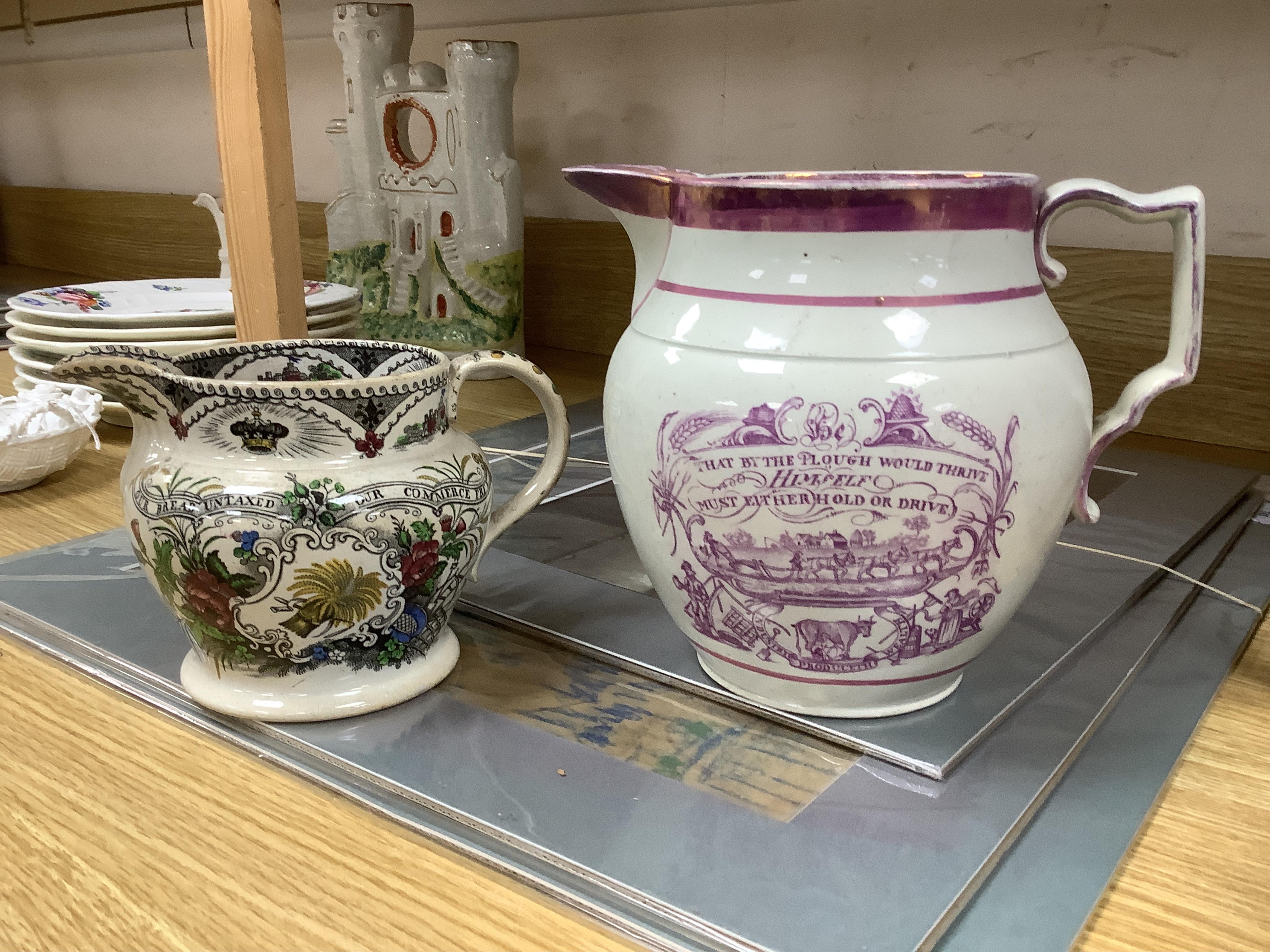 Eleven early to mid 19th century jugs, mugs and plates, all with transfer printed commemorative themes including Gladstone as Prime Minister, Queen Victoria‘s 1887 Jubilee, the Bidston Lighthouse Signals, Lord John Russe